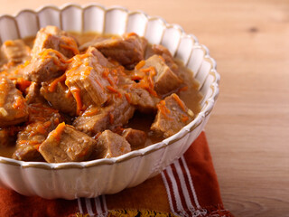 Beef with gravy in the bowl