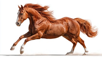 Obraz premium Stunning Red Horse In Full Gallop Over A Jump With Flowing Mane: Majestic Thoroughbred Stallion Standing Out Against White Background.