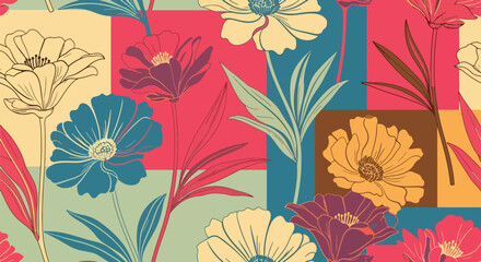 Repeating wallpaper of rounded petals and small scattered leaves, minimal structure with full visual coverage. Solid flat retro colors, seamless pattern ideal for fabric and stationery products