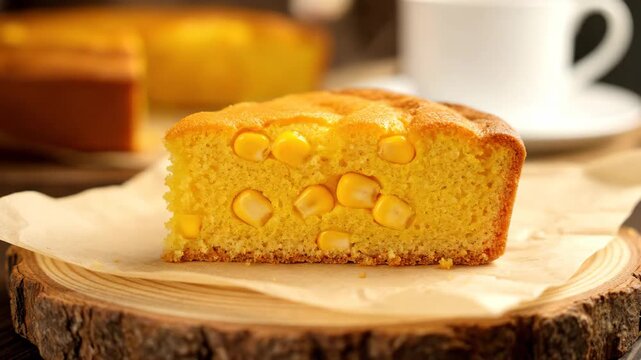 Cornbread Slice on Rustic Wood - A close-up shows a slice of golden cornbread dotted with whole corn kernels, presented on parchment paper and a rustic wood slice.