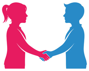 Pink and Blue Silhouettes of Woman and Man Shaking Hands