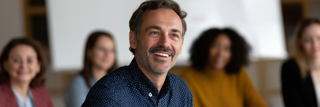 A confident professional smiling during a collaborative meeting, illustrating positivity, engagement, and the importance of teamwork in a modern, professional environment filled with supportive colle