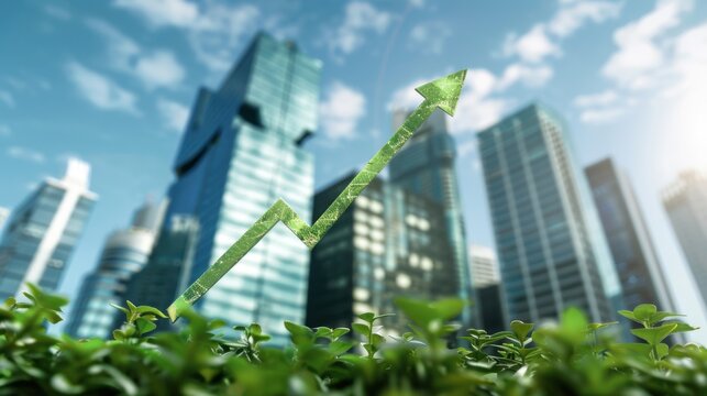 A green upward arrow symbolizes growth in front of modern skyscrapers. Lush greenery is visible in the foreground, representing sustainability and urban development.