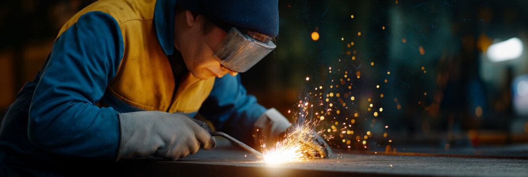 A skilled welder concentrates on his task, skillfully generating sparks while welding metal, symbolizing craftsmanship and dedication in a dynamic industrial setting.