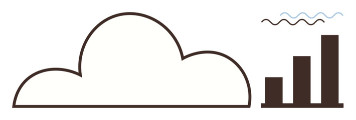 Cloud outline paired with a three-bar graph and wavy lines symbolizing data processing, growth, and trends. Ideal for technology, analytics, data storage, growth tracking, cloud computing