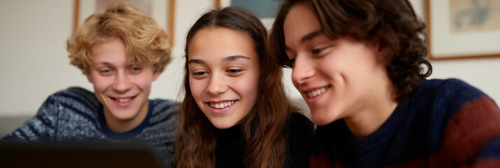 Obraz premium Three cheerful teenagers share laughter and joy while watching something on a laptop, reflecting friendship, connection, and the joys of youth in a cozy indoor setting.
