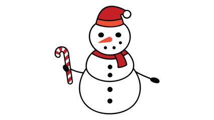 Cute cartoon snowman wearing a red hat and scarf holding a candy cane on a white background