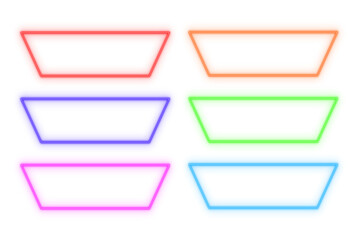 Slanted upwards line neon light text box frame, button, set of colorful shaped object elements isolated on white background