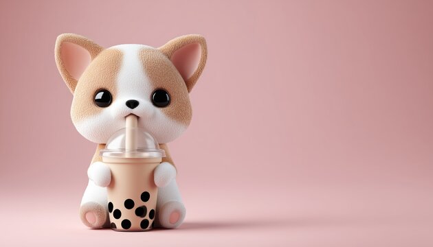 Adorable Little Pup Embraces Bubble Milk Tea: A Beloved Beverage In Taiwan With Black Pearls. Handcrafted And Highly Popular.