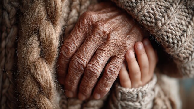 Close-up of a child’s hand gently holding an elderly hand, wrapped in cozy wool, symbolizing connection, warmth, and generations.