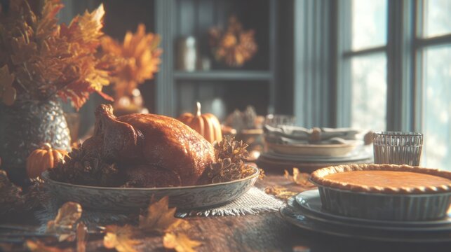 Dining table with roasted turkey, pumpkin pie, autumn leaves, cinematic ultra realistic 8k