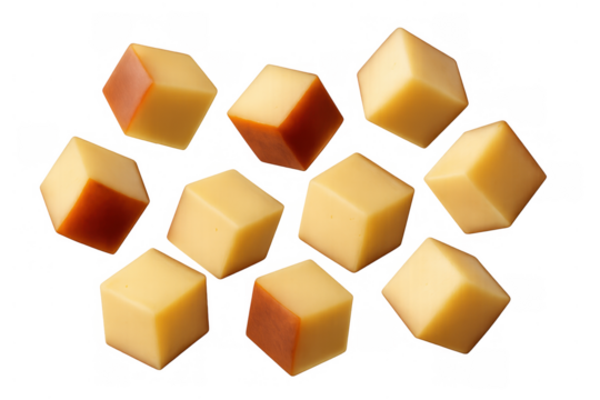 Cheese cubes flying and falling with some having smoked rind, dairy food appetizer snack on transparent background