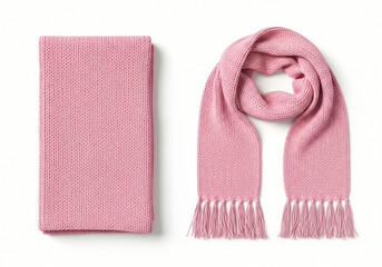 Blank pink knitted scarf folded and unfolded mockup set, isolated, 3d rendering. Empty christmas apparel mock up. Clear soft handmade neckerchief template 