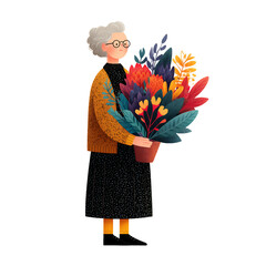 vector flat drawing of elderly woman giving flowers on transparent background 