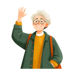 minimal vector illustration of elderly woman waving hand on transparent background 
