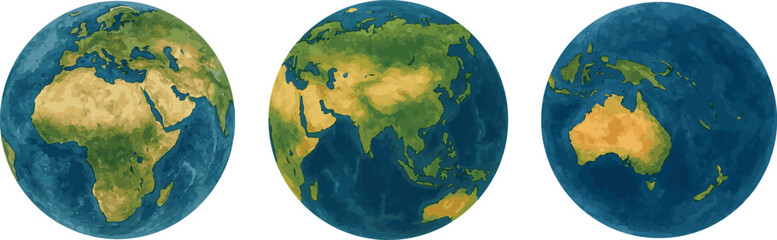 Vector watercolor illustrations of the Earth from three different angles
