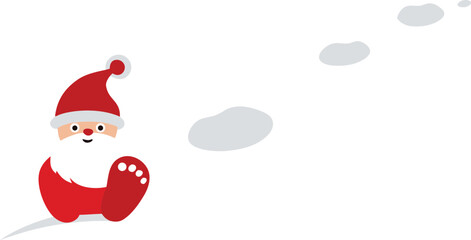 Santa claus walking in the snow leaving footprints on a white background with copy space