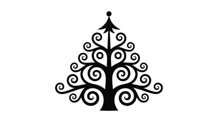 Elegant black silhouette of a stylized christmas tree with ornate swirling branches and decorative elements on a white background festive holiday design silhouette