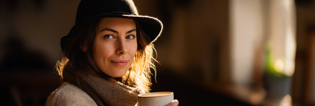 A young woman sits warmly lit in a rustic setting, holding a cup of coffee, inviting viewers into a cozy moment of relaxation and comfort amidst a busy life.