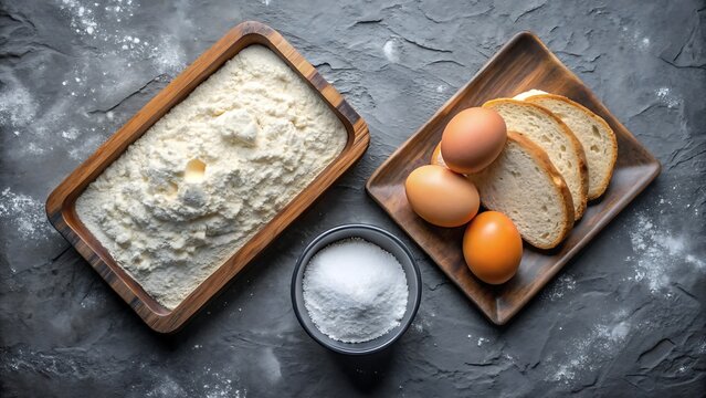 Baking ingredients including flour, eggs, sugar, and bread slices