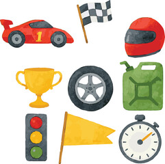 Vector watercolor illustrations of racing car stuff