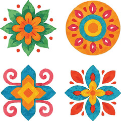 Collection of watercolor painted illustration of indian flower rangoli