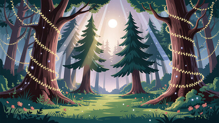 Enchanted forest clearing with glowing string lights and sunbeams woods trees