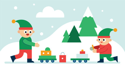 Fototapeta premium Two cheerful cartoon elves in a snowy forest preparing christmas gifts on a winter day