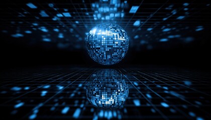 Abstract Blue Reflection With Square Patterns From A Blue Disco Ball Creating A Mesmerizing Visual Effect In A Reflective Surface.