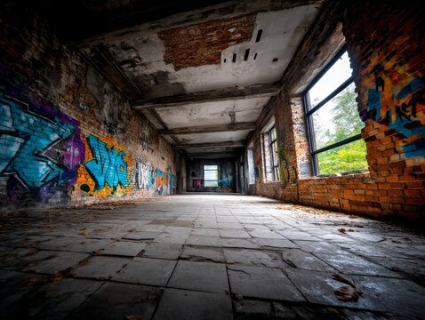 Graffiti covering the walls of an abandoned industrial building