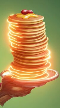 Cartoon wolf chef serving pancakes with green backdrop