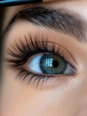 Obraz premium Close-up of a woman's eye with striking blue-green hues and long, voluminous lashes accentuating her natural beauty.