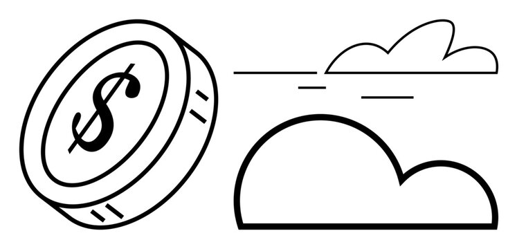 Flying dollar coin beside outlined clouds suggests virtual economy, technology integration, digital transactions. Ideal for finance, cloud computing, fintech, savings, economy, innovation simple