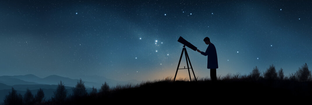 A silhouette of a person observing the stars through a telescope on a serene night, embodying curiosity and wonder about the universe and our place within it.