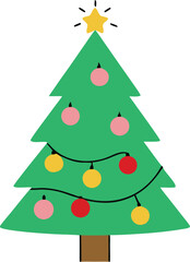 Simple cartoon illustration of a green christmas tree decorated with colorful ornaments and a star on top