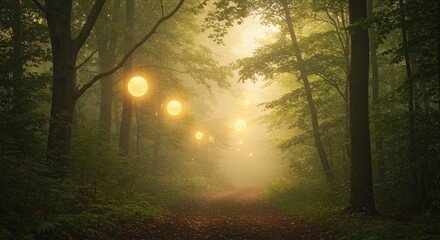 Mysterious forest path illuminated by glowing spheres in a dreamlike scene