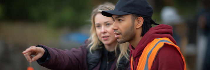 A female and male professional actively discussing in an outdoor setting, highlighting the importance of collaboration, guidance, and mentoring in a casual work environment.