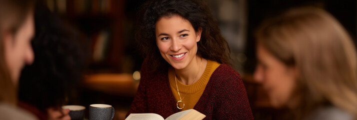 A joyful woman shares a moment of laughter and reading with friends in a cozy cafe, encapsulating friendship, joy, and the shared experience of literature in social settings.