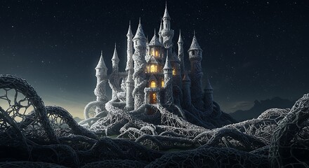 Mysterious illuminated castle on a snowy mountain at night