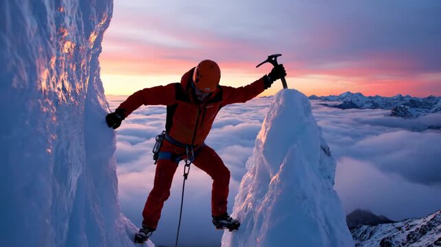 Ice Climber at Sunrise - A mountaineer in full climbing gear and helmet tackles a snowy peak at sunrise. The climber uses an ice ax for grip as he navigates the frozen terrain above a sea of clouds.