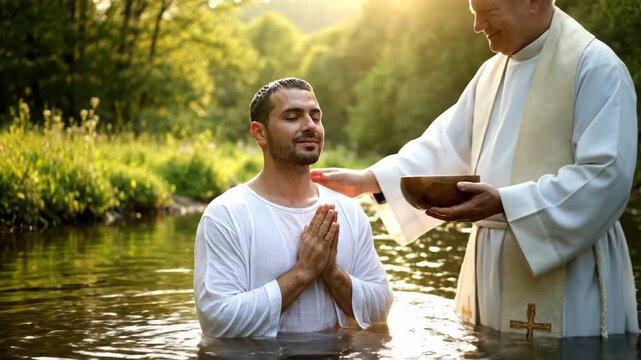 Adult Baptism Ceremony in River - A man is being baptized in a river by a priest. The priest pours water from a wooden bowl onto the man's head as he stands in the water with his hands clasped in