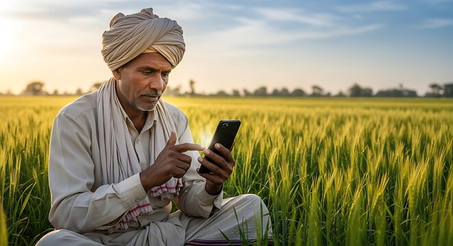 Indian farmer in turban using smartphone in golden wheat field at sunset