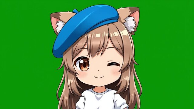 Cute Anime Cat Girl Waving and Winking on Green Screen.