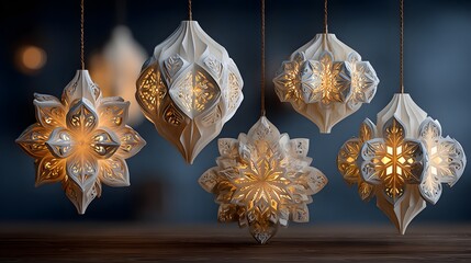 Collection of paper lanterns hanging from the ceiling. The lanterns are all different shapes and sizes, but they all have a similar design. Scene is warm and inviting, as the lanterns are lit up