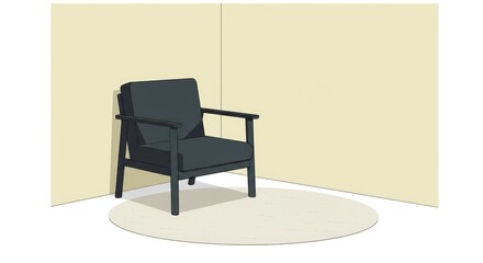 Modern charcoal armchair in corner with circular rug and plain background