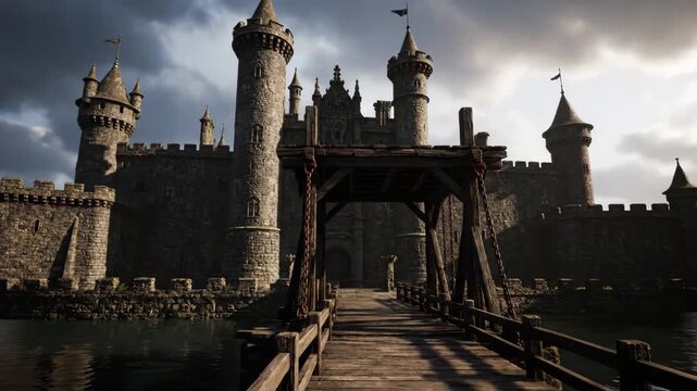 Medieval Castle with Drawbridge - This video features a large medieval castle, surrounded by water, with a raised wooden drawbridge leading to its entrance.