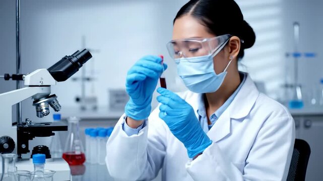 Female Scientist Analyzing Blood Sample - An Asian female scientist in a lab coat, face mask, and safety glasses examines a blood sample in a test tube.