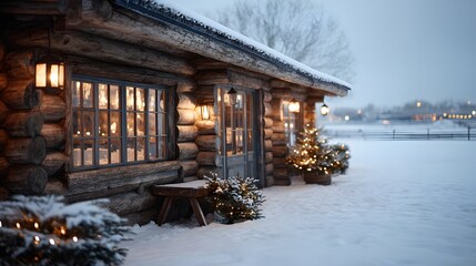 Obraz premium Log cabin with a porch and a bench. The porch is decorated with Christmas lights and the house is lit up