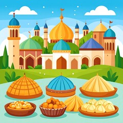 Cartoon depiction of a Middle Eastern cityscape with domes and treats