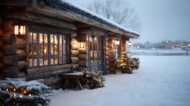Log cabin with a porch and a bench. The porch is decorated with Christmas lights and the house is lit up